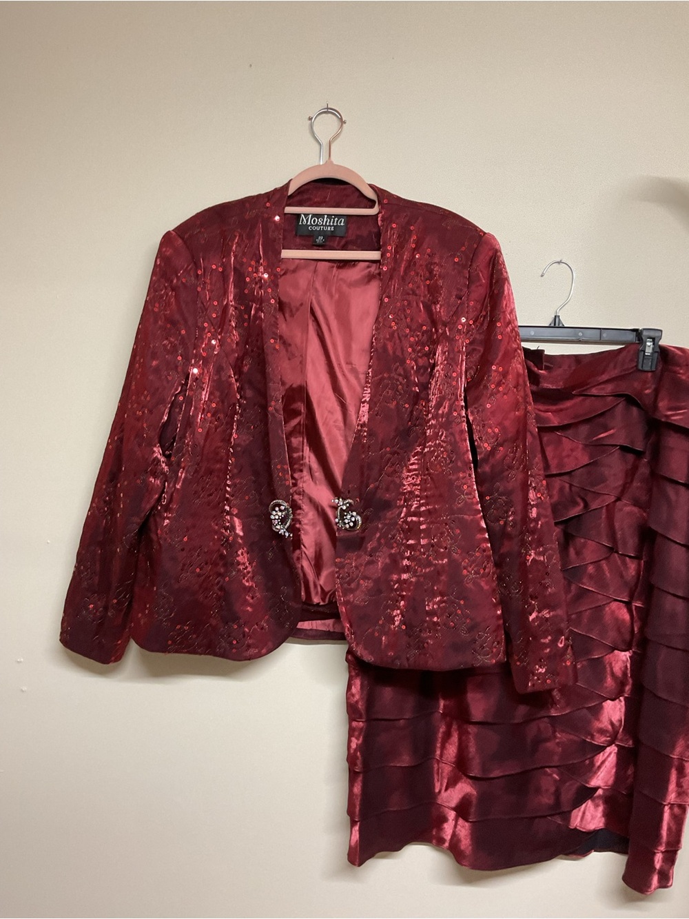 Moshita Elegant Sequin Burgundy Jacket, tank and Skirt Set
